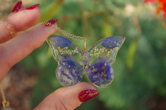 Memorial Flower Butterfly Necklace, Custom Memorial Necklace, Pressed Flower Jewelry, Memory Necklace with Flowers, Remembrance Jewelry