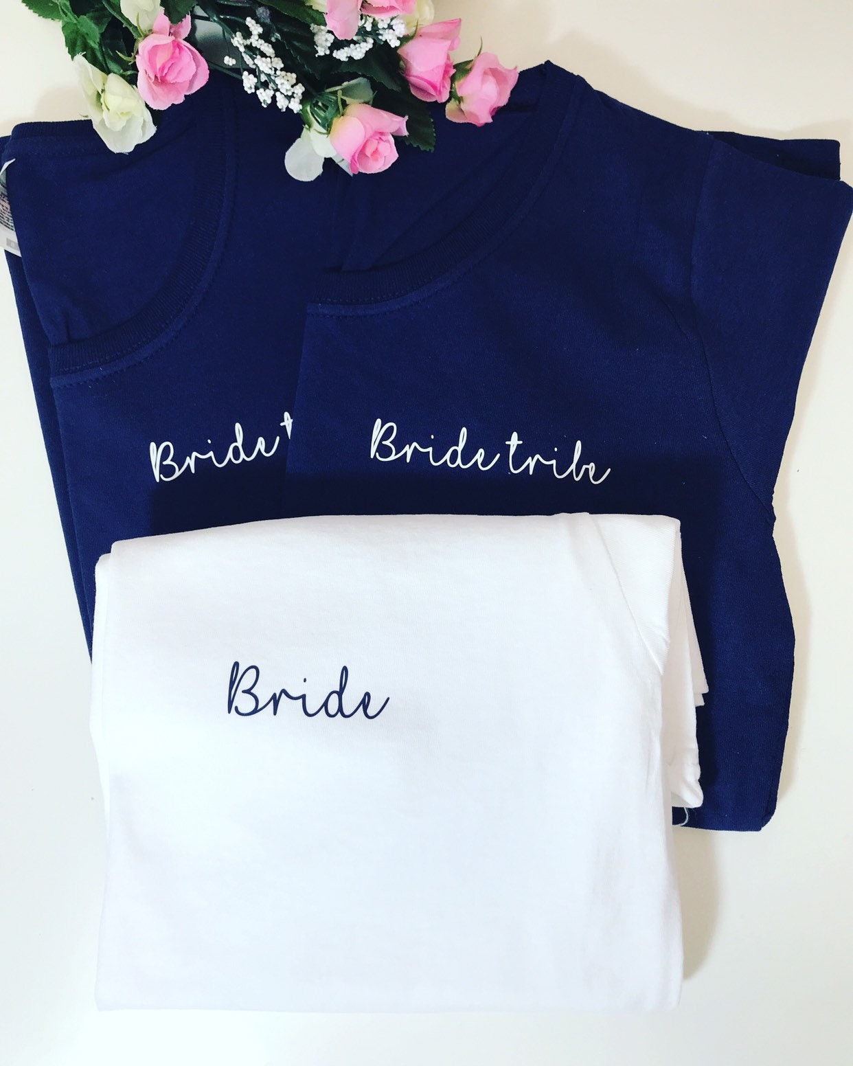 Image of Bride Tribe T-Shirt. Hen Party T-Shirt. Bridal Top. Wedding Party Tops. Navy Blue Classy Hen T-Shirt