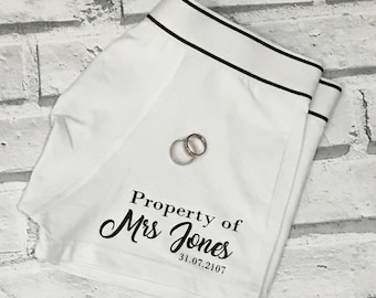 Mens personalised underwear. Personalised property of boxers. Husband boxers. Mens briefs, wedding day boxer. Property of Mrs boxers. Humour