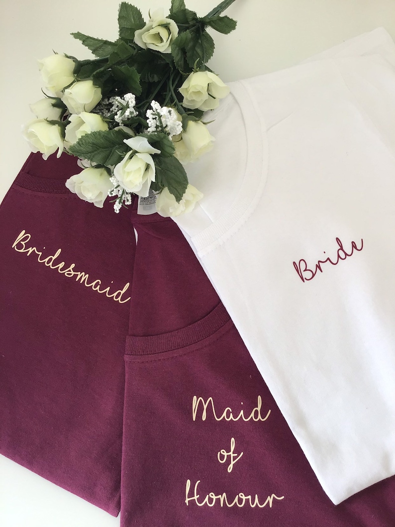 Hen Party T-shirt. Bridal top. Wedding party tops. Bride t-shirt. Burgundy themed bridal party t-shirts 