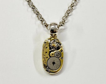 Oval Time, One of a Kind, Signed by the Artist, Watch Part Steampunk Pendant, Handmade Silver Bail, Brass, Steel, 18" Steel Chain