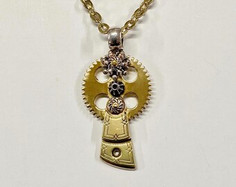 Gears of Time, One of a Kind Riveted Steampunk Pendant, 18" Gold Filled Chain