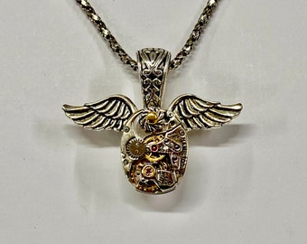 Wings of Time, Handcrafted with a Steampunk Edge, Riveted Together For Strength and Elegance, Watch Parts and Pewter, 18" Steel Chain