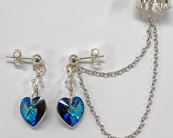 Bermuda Blue Cut Austrian Crystal Heart & Sterling Silver Chain Ear Cuff Set