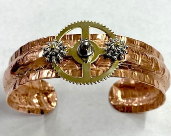 Steampunk Bracelet, Titled "Two Suns", Embossed Copper Bracelet, Signed by the Artist, Copper, Brass Pewter and Silver, 6 3/8 Diameter Oval