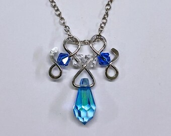 Aquamarine Colored, Cut Crystal Tear Swirl Necklace