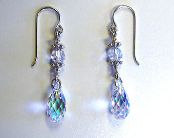 Long Drop Sterling and AB Briolette Cut Crystal Earrings