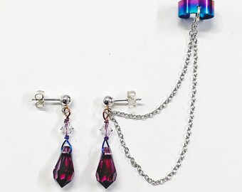 Niobium, Sterling Chain Ear Cuff with Amethyst Colored, Cut Austrian Crystal Teardrops