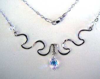 Hand Forged, Sterling Silver & Cut AB Briolette Crystal Wave Pendant