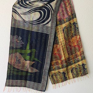 Silk Scarves made from Vintage Silk Sari's and are two sided. Each side is a different design and are quilted with colorful silk threads.
