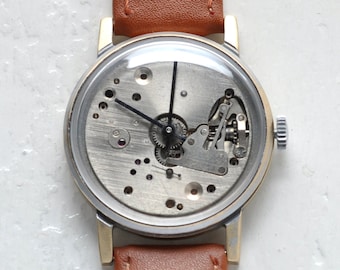 Vintage Skeleton Mechanical Watch: USSR Pobeda Brass Watch, Leather Strap