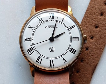 Vintage Raketa Mechanical Watch: Gold Plated Case, Handmade Strap