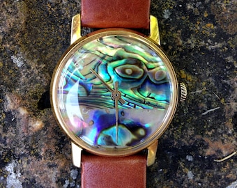 Vintage Pobeda Watch: Mother of Pearl Dial, Gilded Case, Leather Strap