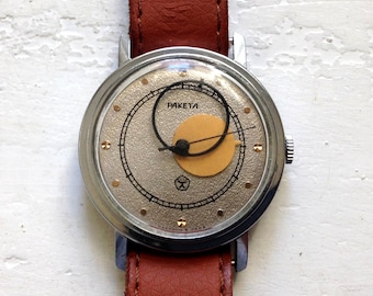 Vintage Raketa Mechanical Watch: Sun Moon Hands, USSR Made