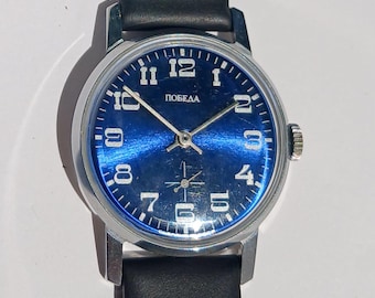 Vintage Pobeda USSR Watch: Classic Mens Watch with Leather Strap