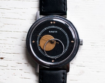 Vintage Raketa Watch: USSR Mechanical Moon Sun Watch with Leather Strap