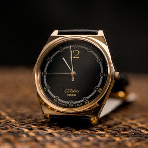 Vintage Slava Watch: Gold Plated Mechanical Mens Watch with Leather Strap