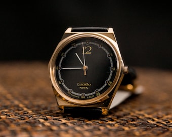 Vintage Slava Watch: Gold Plated Mechanical Mens Watch with Leather Strap