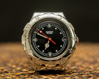 Vintage Swatch Swiss Made Watch YRS400G, Steel Chronograph, 41mm