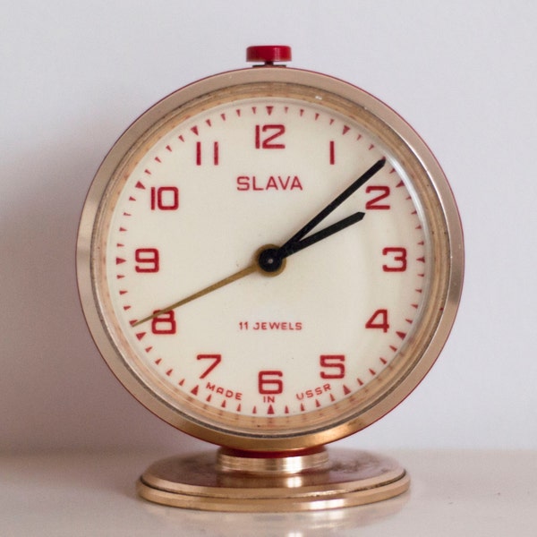 Vintage clock Soviet clock Russian clock Mechanical clock -Red alarm clock USSR Slava from Soviet Union  period
