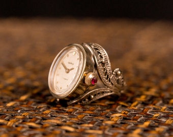 Vintage Chaika Ring Watch: Gold Plated Mechanical Womens Watch with Ruby Crown