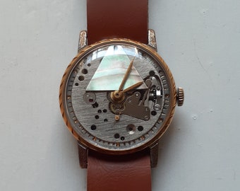 Vintage Skeleton Mechanical Watch: Mother of Pearl Pyramid, USSR Pobeda