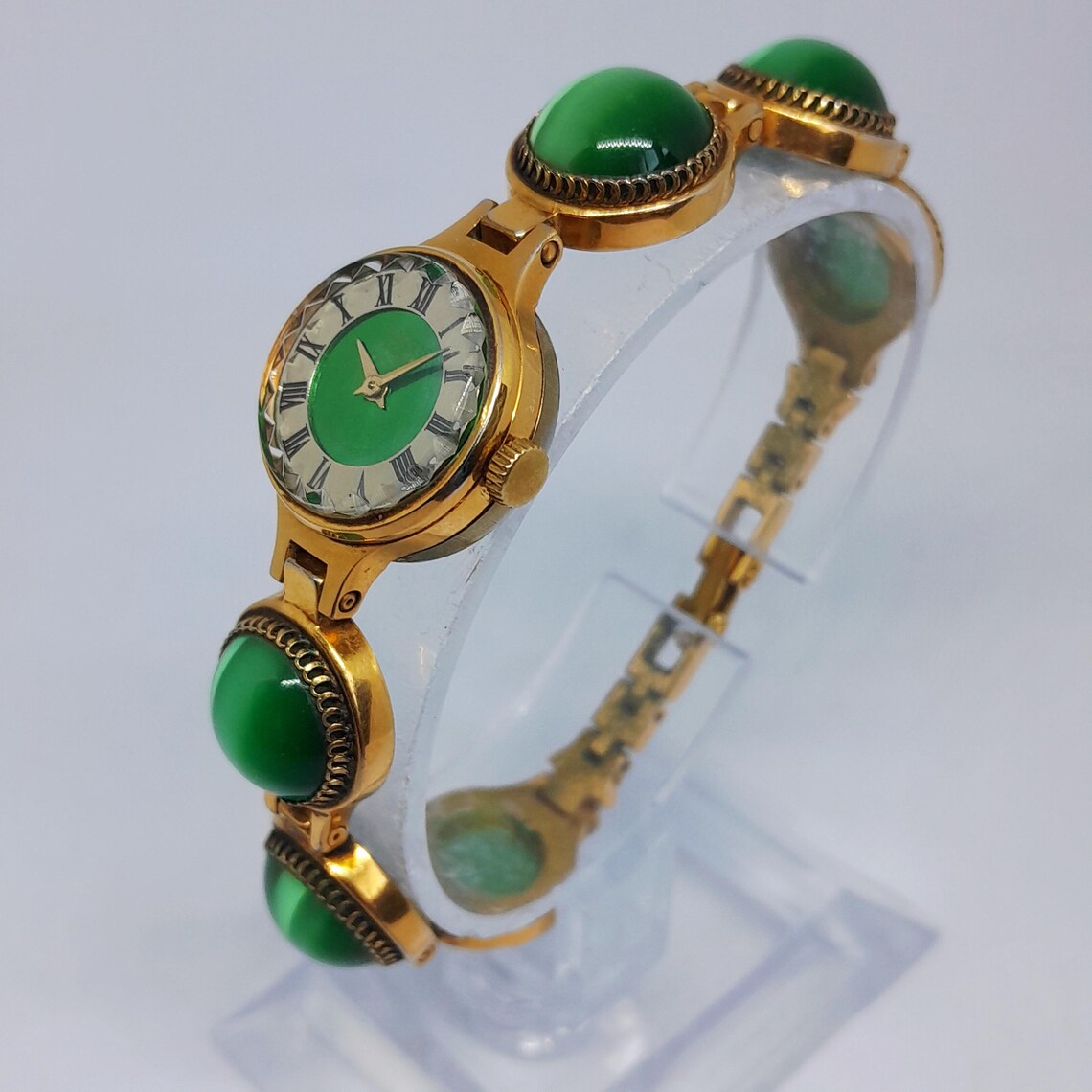 Soviet watch "Chaika" with malachite stones, Vintage Watch, Green watch,Womens watch ,gold watch , Mechanical watch, Christmas Gift WATCH, photo 2 of 5