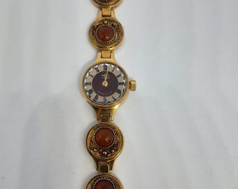 Radziecki zegarek "Czajka" z kamieniami jaspisowymi, zegarek vintage, zielony zegarek, zegarek damski, złoty zegarek, zegarek mechaniczny