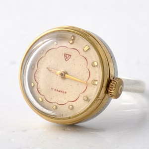 Vintage Ring Watch: Gold Plated Mechanical Ladies Watch, Size 5.5