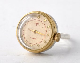 Zegarek vintage ring: pozłacany mechaniczny damski zegarek, rozmiar 5,5