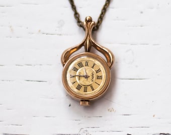 Vintage pendant watch "Chaika", Gold plated watch with enamel , gold watch ,Womens watch, Mechanical watch