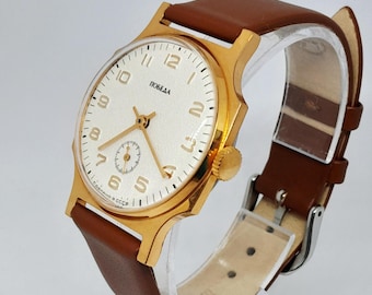 Vintage watch Pobeda, Gold Plated watch, Mechanical Watch with Leather Strap