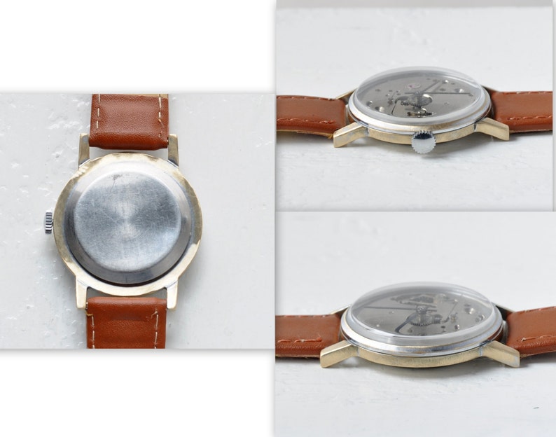 May include: A gold-tone wristwatch with a brown leather band. The watch has a clear back that reveals the inner workings of the watch.