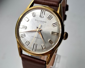 Vintage Holcanstar Swiss Watch: Gold Plated Mechanical Mens Watch