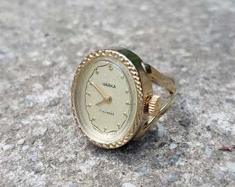 Vintage Chaika Ring Watch: Gold Plated Mechanical Jewelry, USSR 1980s