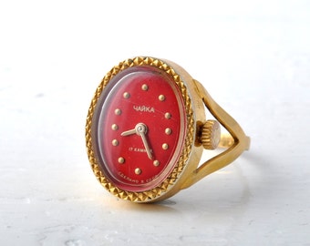 Vintage Chaika Gold Plated Watch Ring: Red Face, Size 7