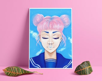 Pink Hair Sailor Uniform Portrait Giclee Fine Art Print In A4 And A5