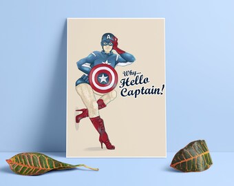 Why... Hello Captain! - Captain America  PinUp Artwork Print Giclee Art.