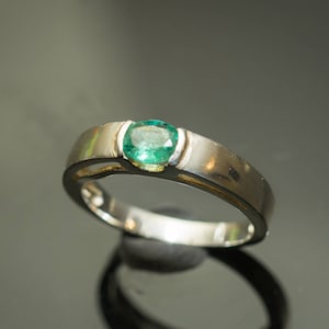 White Gold Emerald Ring Natural Emerald Ring Half Bezel Gemstone Ring Green Gemstone May Birthstone Solitaire Emerald Ring