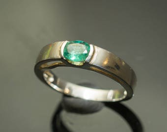 White Gold Emerald Ring Natural Emerald Ring Half Bezel Gemstone Ring Green Gemstone May Birthstone Solitaire Emerald Ring