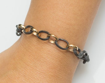 Handmade Gold Bracelet, Mixed Metal Bracelet, Chain Link Bracelet, Oxidized Silver And Gold Bracelet, One Of A Kind Bracelet, OOAK Bracelet