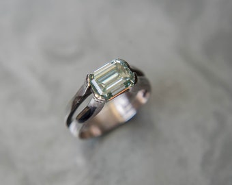 Green Moissanite Ring, Tea Green Moissanite Ring In White Gold, Emerald Cut Moissanite Ring