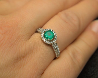 Colombian Natural Emerald Ring Emerald Engagement Ring Halo Engagement Ring with Diamond Accents