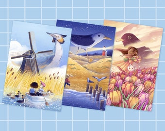 Set of 3 postcards, Dutch landscape and birds series