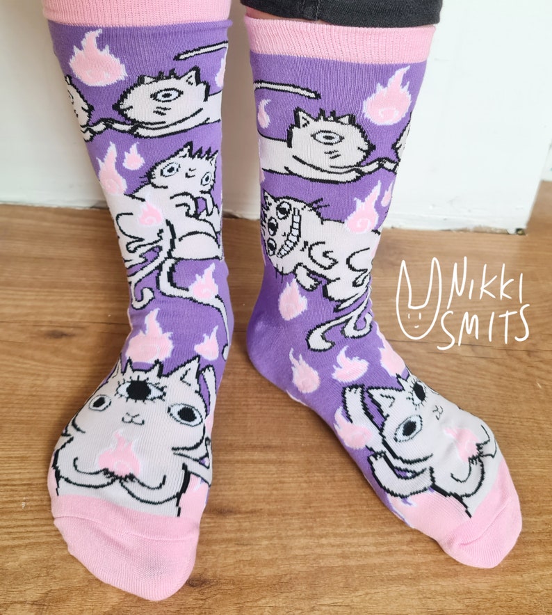 Knitted Demon Cat Socks Kawaii cat socks 100% cotton afbeelding 4