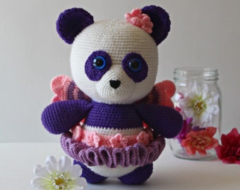 Wzór szydełkowy: Ella, panda, wróżka-baletnica, dziewczęcy amigurumi, urocze magiczne stworzenie fantasy, zabawka zoo, plik PDF w języku angielskim, warunki US