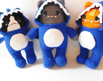 Wzór szydełkowy na piżamę z kotem w rekinie, 3 style, wzór szydełkowy amigurumi, szydełkowa zabawka-zwierzę, interaktywny pluszak, PDF w języku angielskim, warunki US