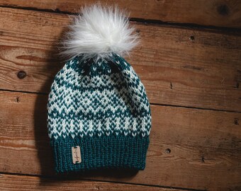 Fair Isle Slouch | Lightweight Hat | Spruce and White | READY TO SHIP