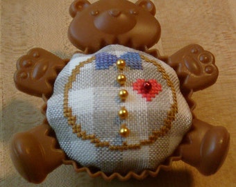 Teddy Bear cross stitch cupcake pincushion