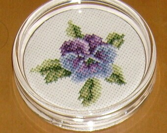 Pansy cross stitch paperweight/coaster